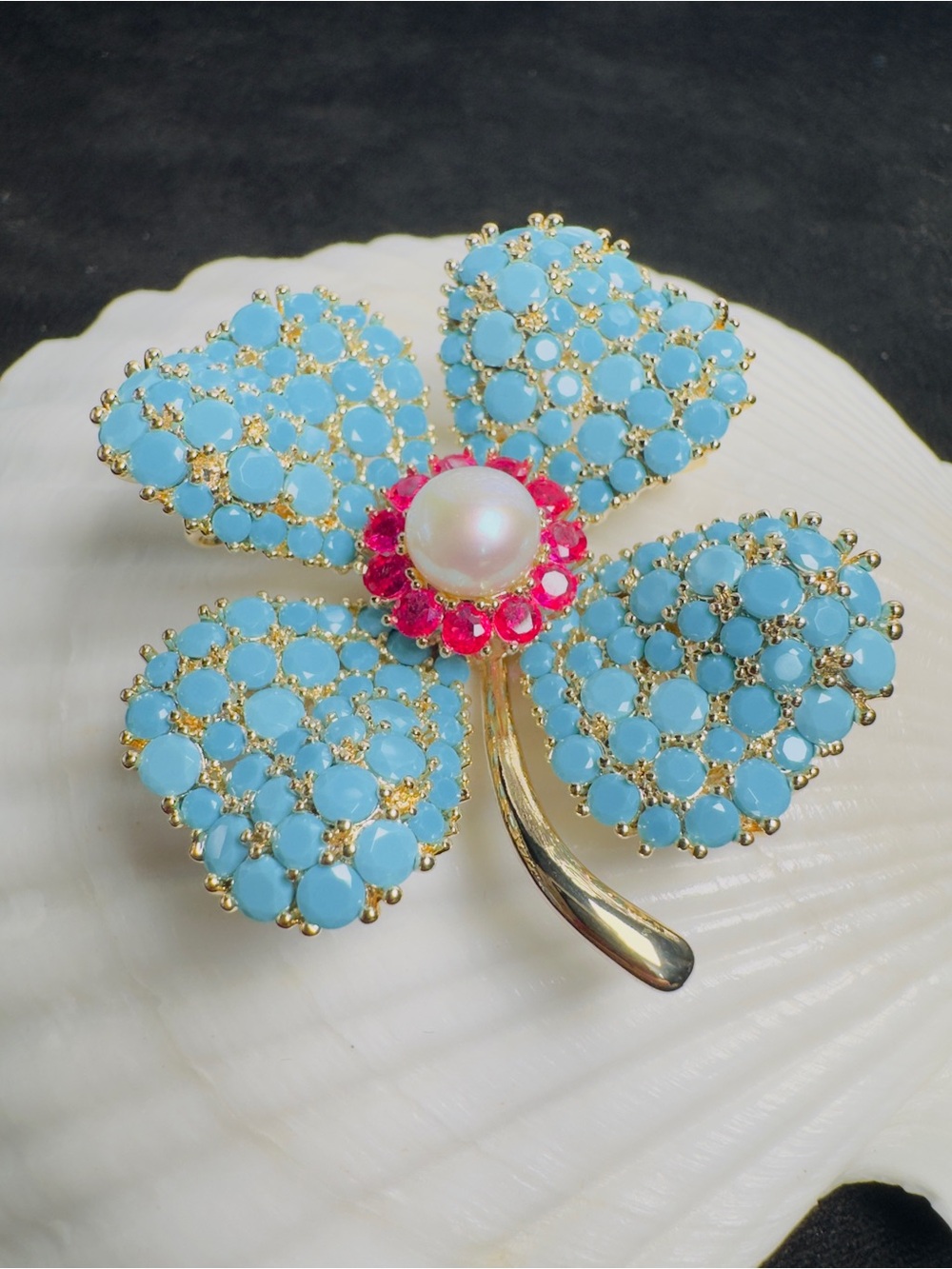 Turquoise Pearl Four Leaf Clover Statement Brooch
